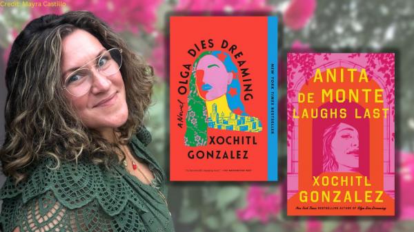 Xochitl Gonzalez with book covers
