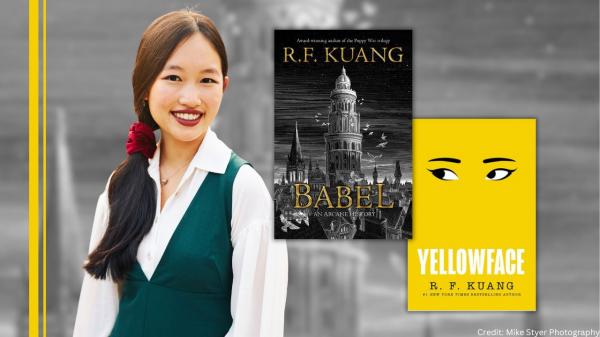 Rebecca Kuang with book covers